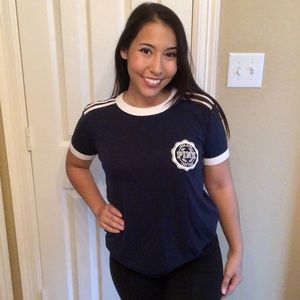 Deep Navy Blue with White Stripes Vintaged Inspired PINK Tee